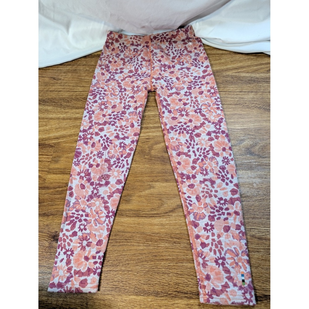 Smartwool Leggings Kids M Pink Floral Wool Ankle Thermal Base Layer Flaw